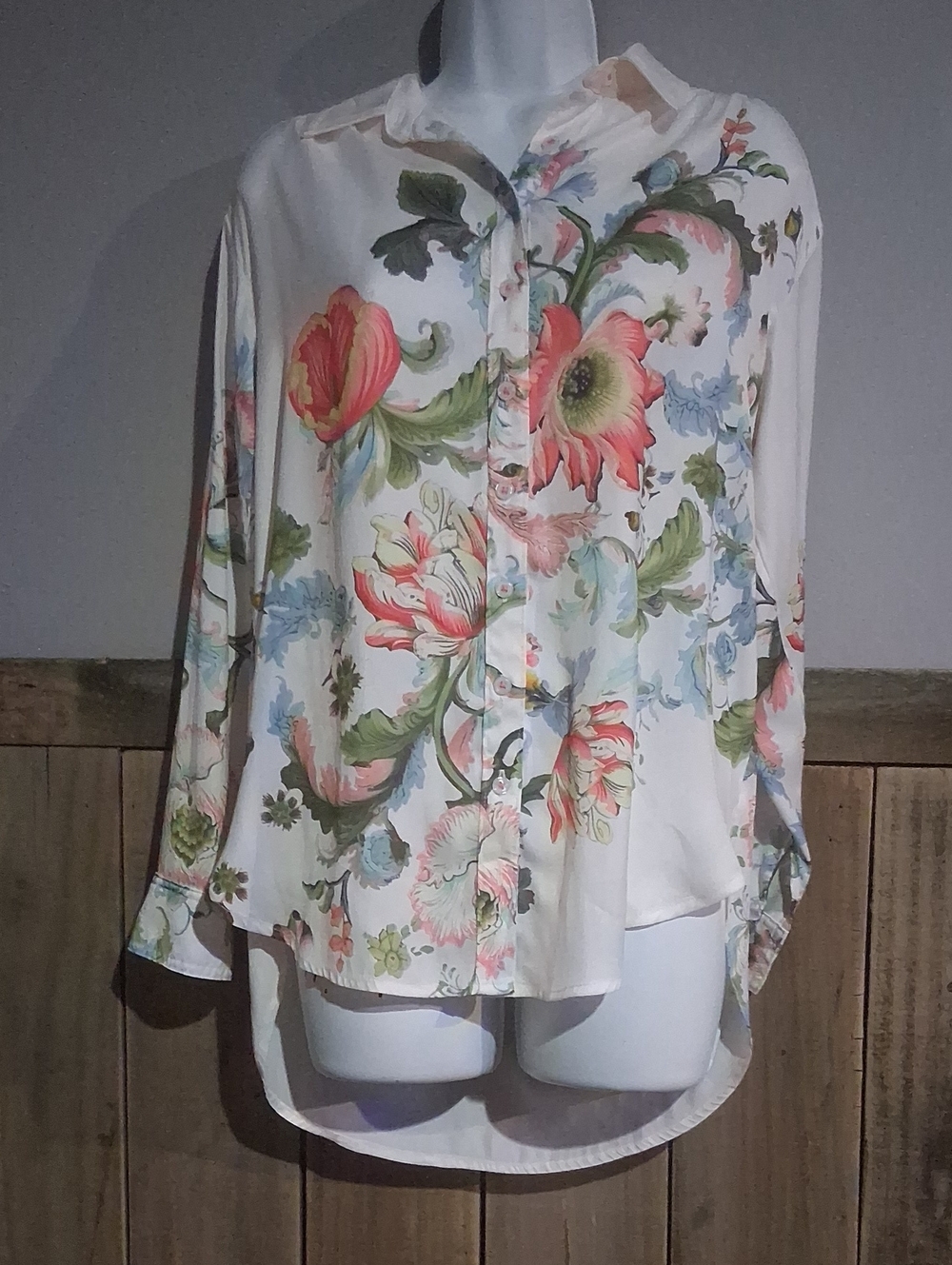 Anthropologie Cream Floral Button-Down Blouse with Coral and Green Accents